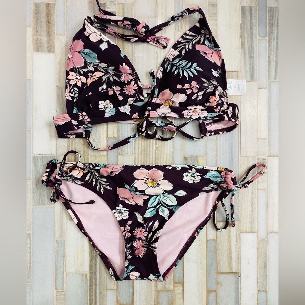 Kona Sol Floral Bikini Set Medium Burgundy Pink Tie Side Halter - Picture 3 of 15
